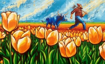 A painting of tulips with Paul Bunyon and Babe the blue ox.